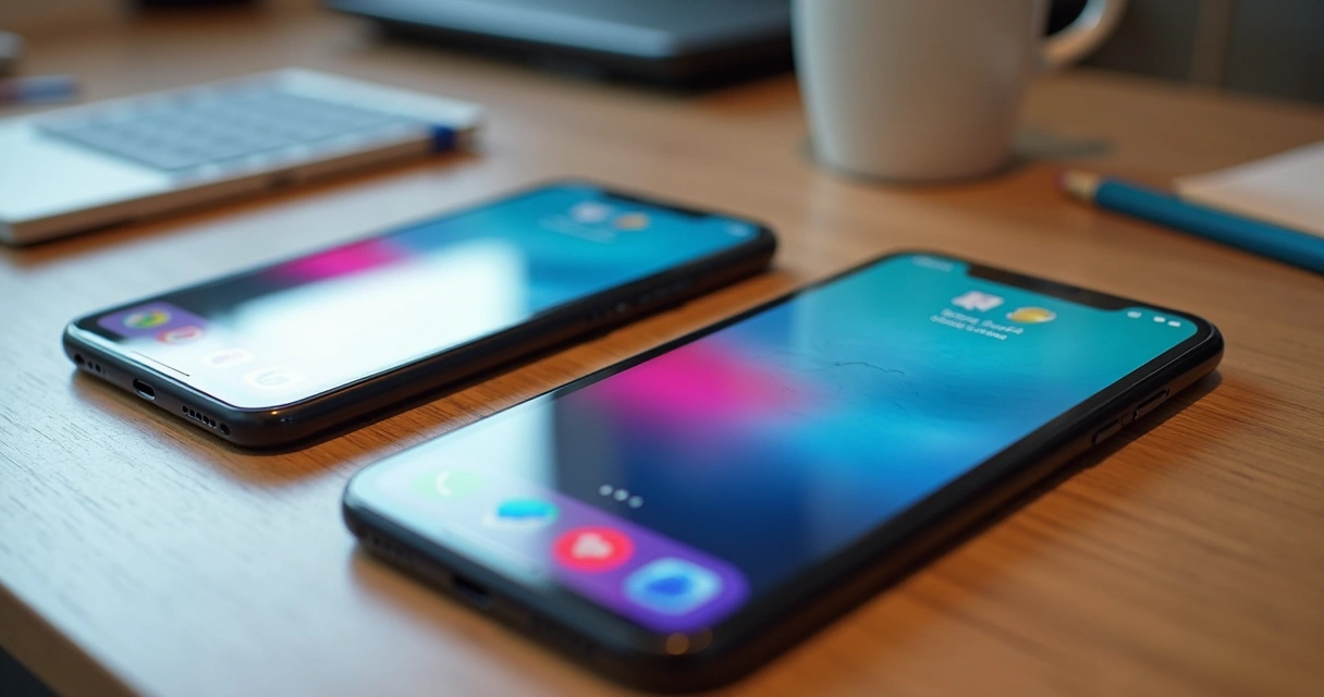 Vários smartphones recebendo notificações coloridas em uma mesa de trabalho