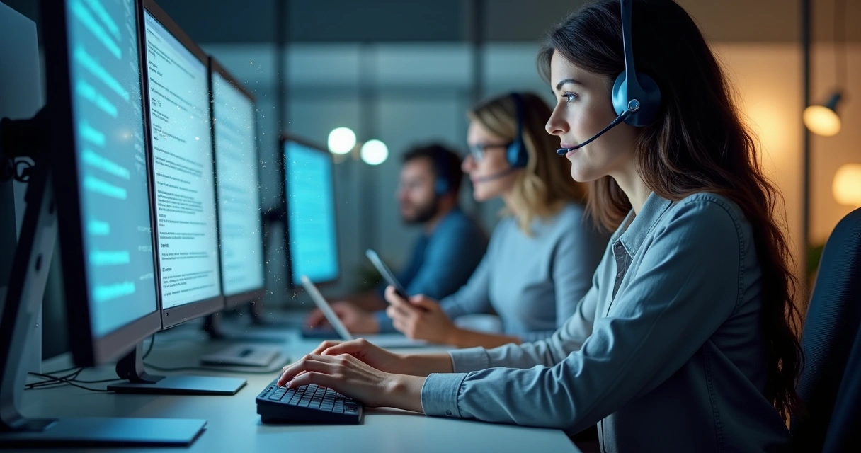 Equipe de atendimento recebendo notificações digitais em diferentes dispositivos