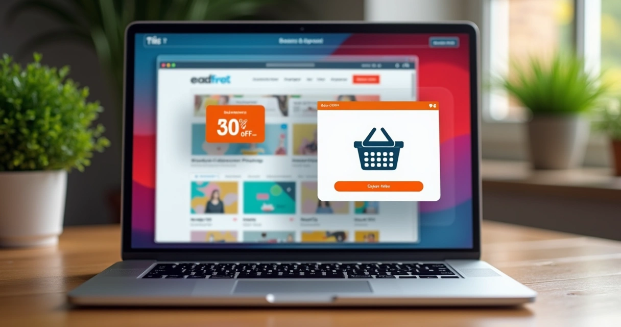 Notificações webpush coloridas na tela de um notebook exibindo loja virtual 