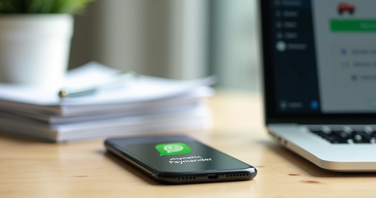 Celular exibindo notificação de cobrança automática no WhatsApp diante de uma mesa de escritório. 