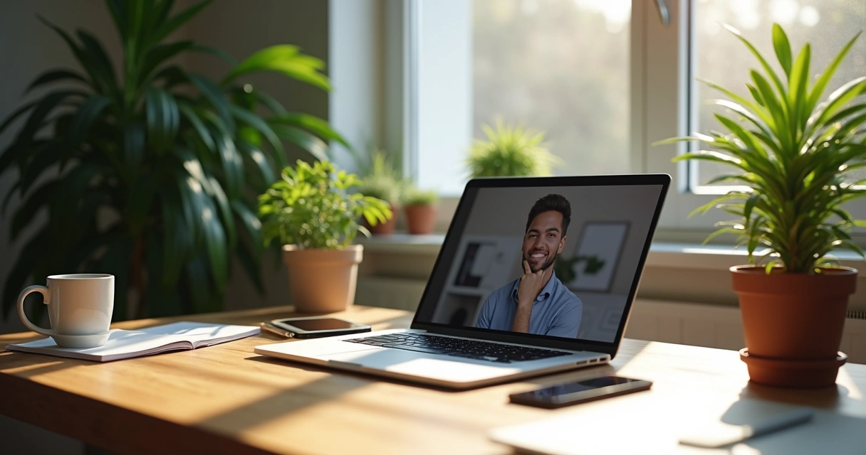A tidy desk with no devices except a laptop, surrounded by greenery