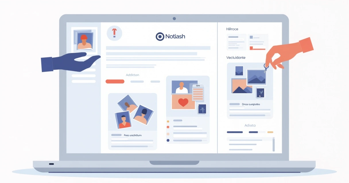 Interface do Notion em um laptop com imagens sendo adicionadas, representando uso de uploads, URLs e Unsplash.