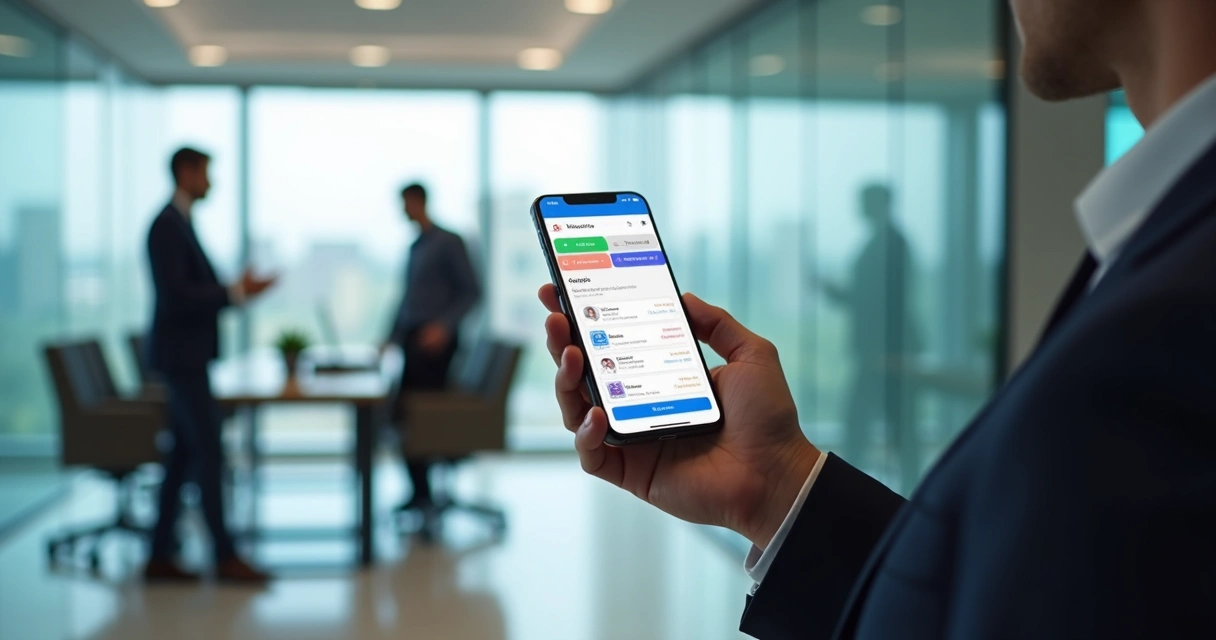 Pessoa segurando smartphone com tela do Notion Agents aberta, ambiente corporativo ao fundo. 