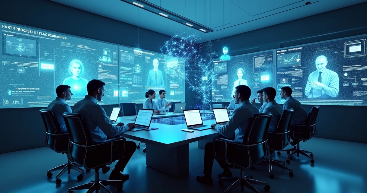 Sala com profissionais utilizando notebooks e agentes de IA interagindo em hologramas 