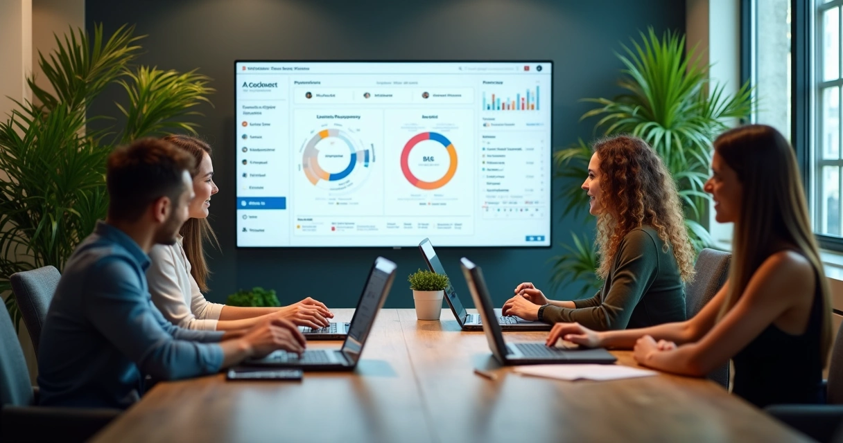 Visualização de dashboard do Notion com equipe reunida 