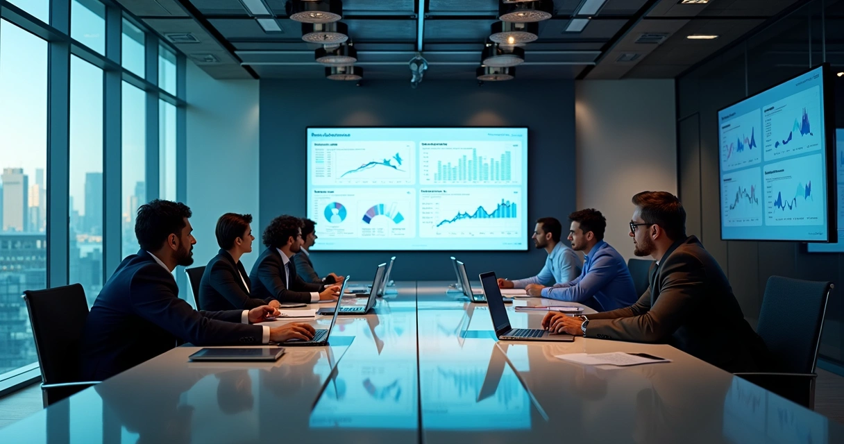 Equipe de trabalho em escritório moderno usando telas mostrando o Notion 