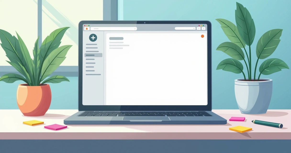 Ilustração de um espaço de trabalho moderno com a interface do Notion em um laptop.