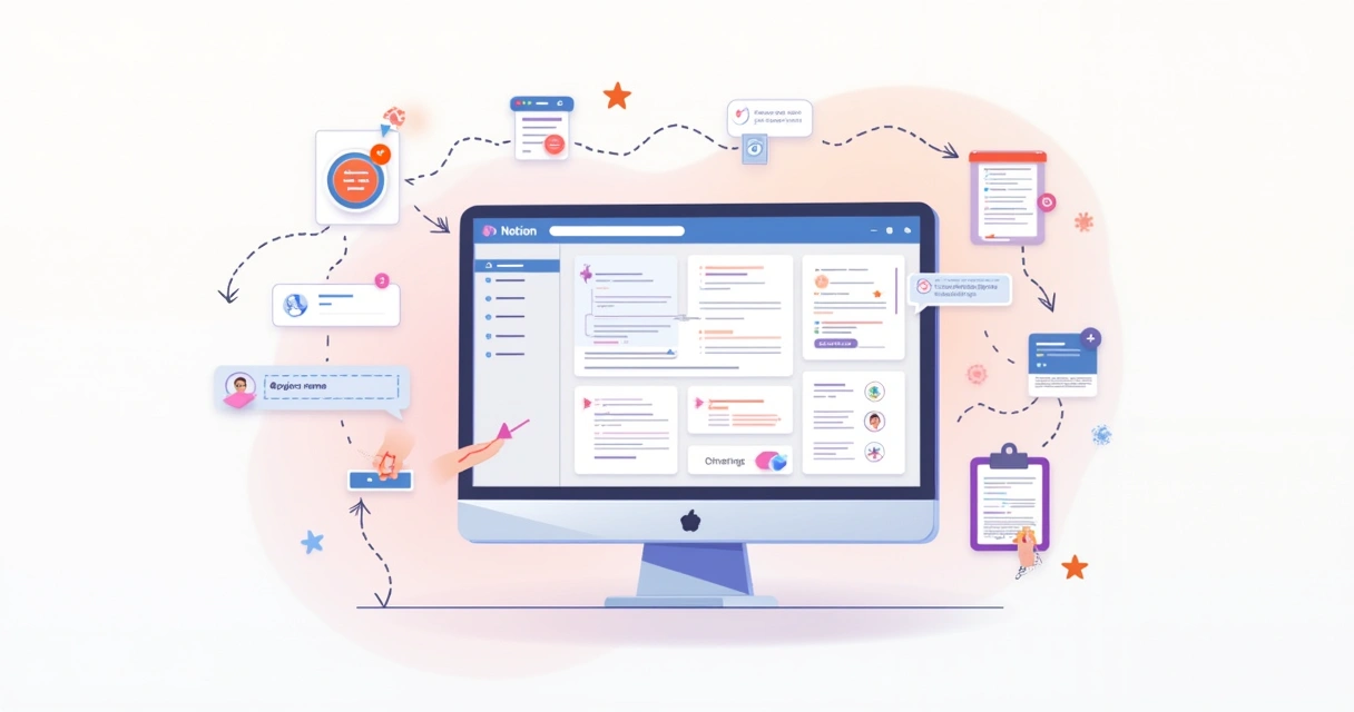 Interface do Notion com links, @-menções e tags em um ambiente de trabalho digital.
