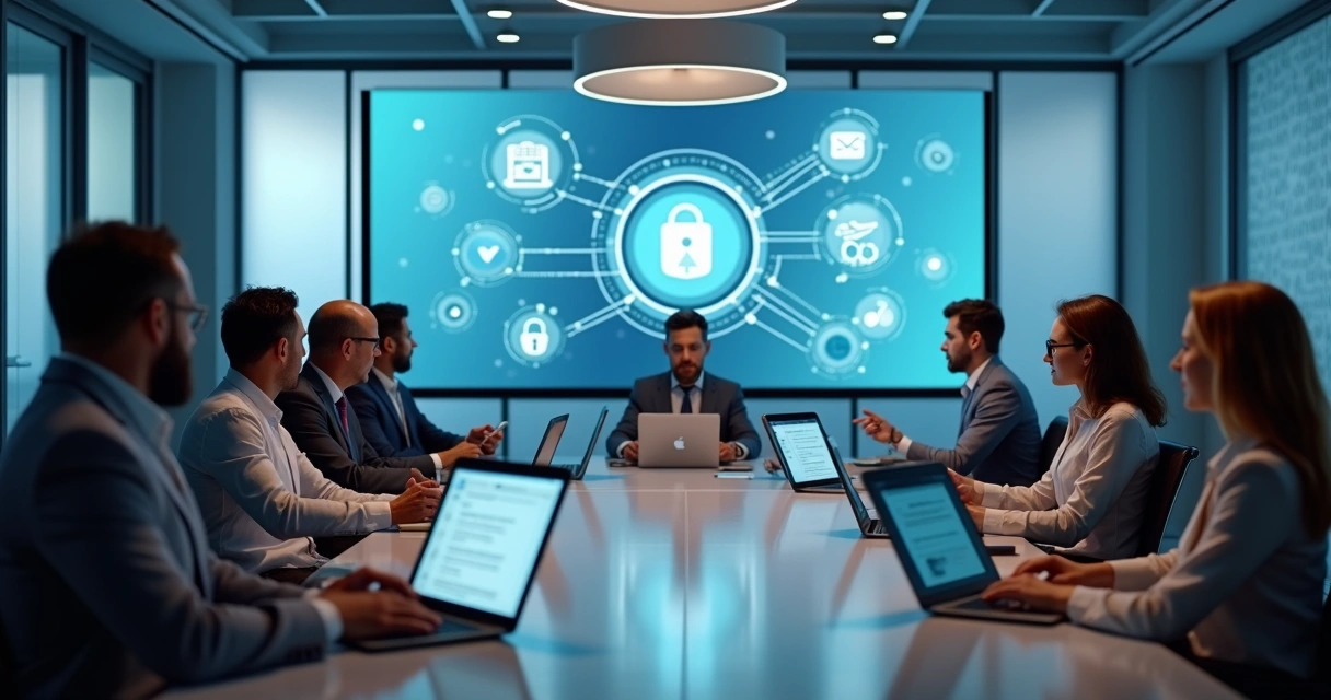 Equipe em uma sala de reunião usando laptops e debatendo políticas de segurança digital no Notion 