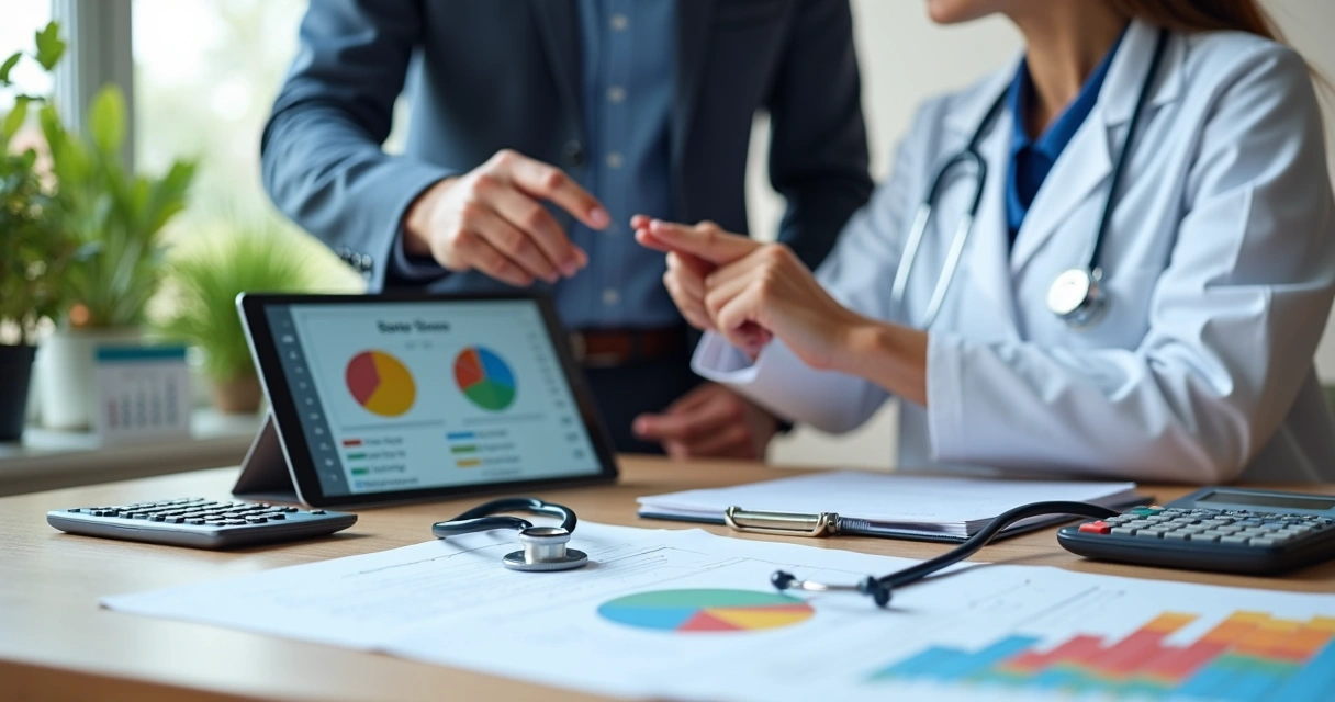 Ambiente de clínica médica com destaque para gráficos e documentos de contabilidade na mesa