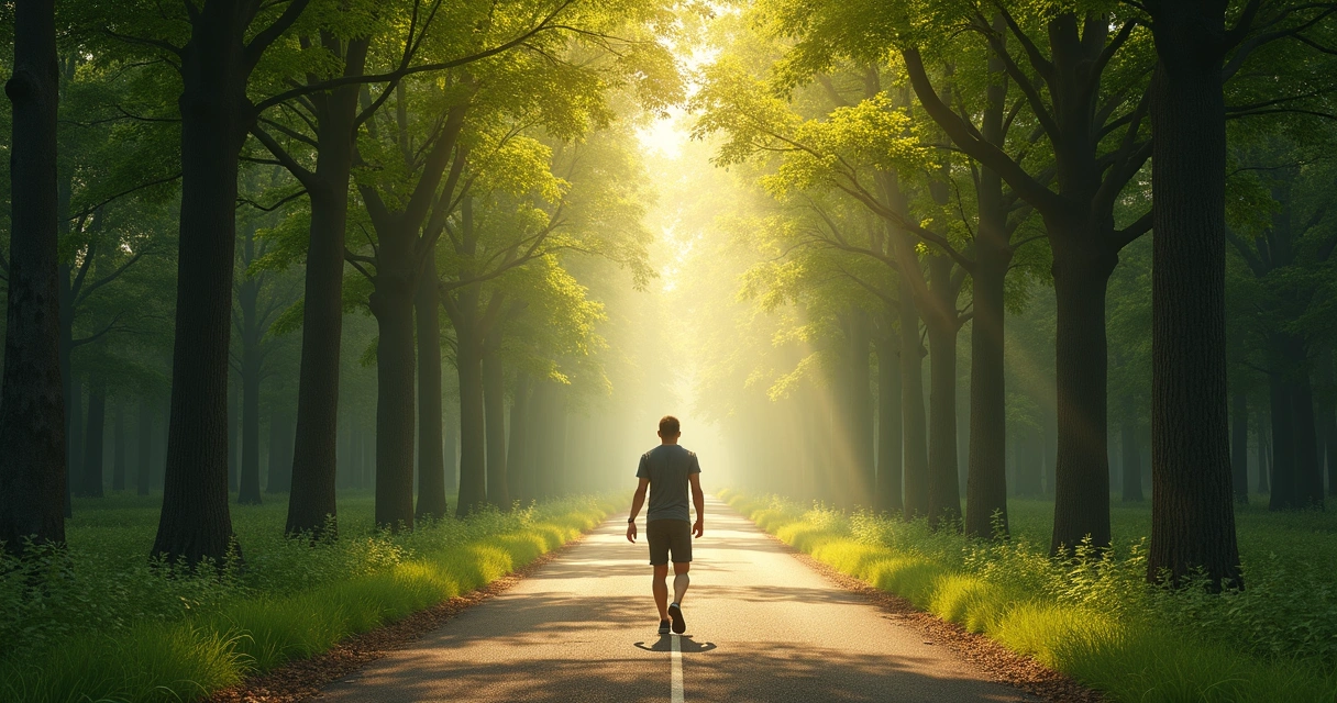 Pessoa caminhando sozinha por uma estrada cercada de árvores, com luz do sol ao fundo 