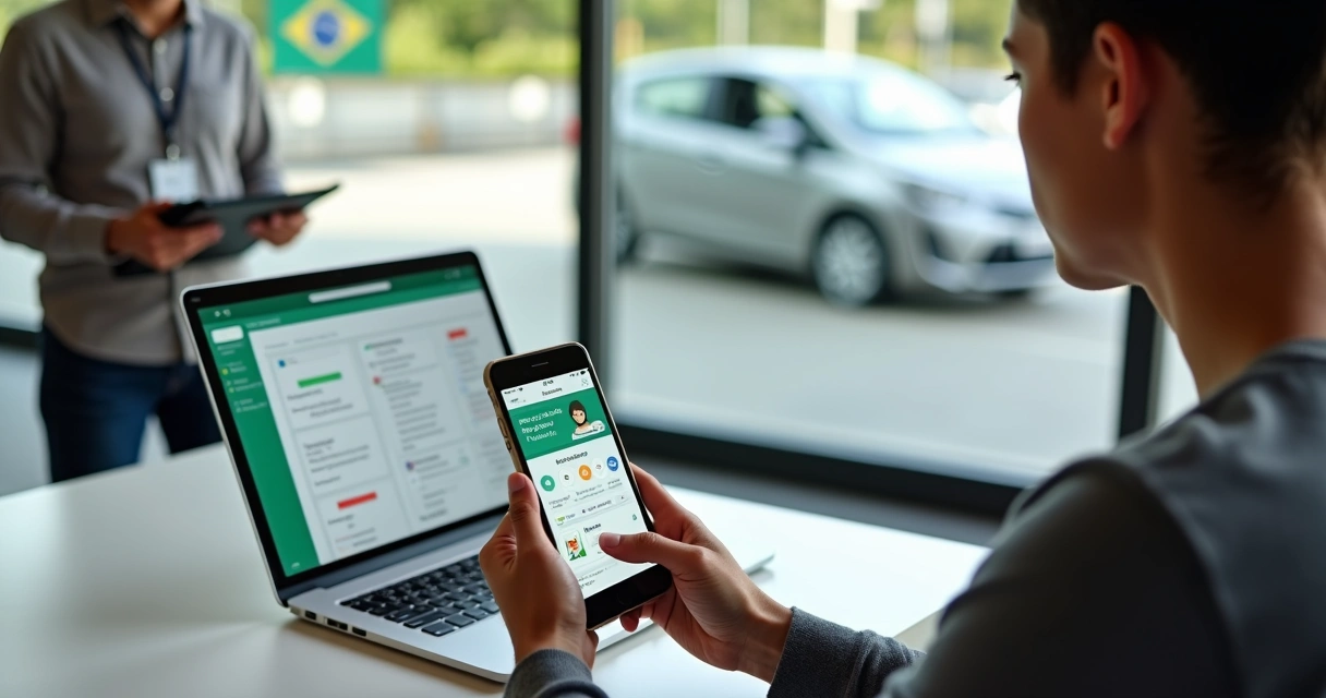 Jovem segurando celular com aplicativo da CNH aberto ao lado de instrutor autônomo e carro prático 