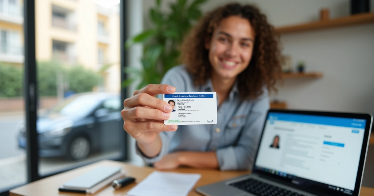 Jovem brasileiro segurando carteira de motorista nova em frente a computador com site do governo aberto 