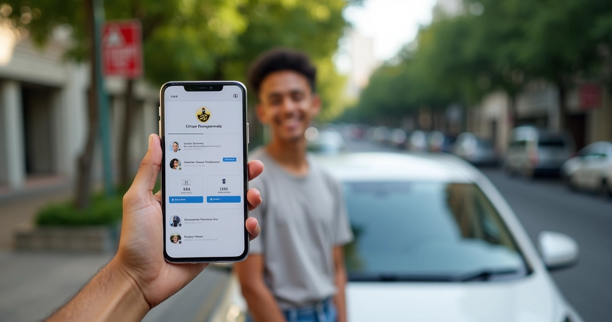 Jovem brasileiro segurando CNH digital aberta no celular em frente a carro 