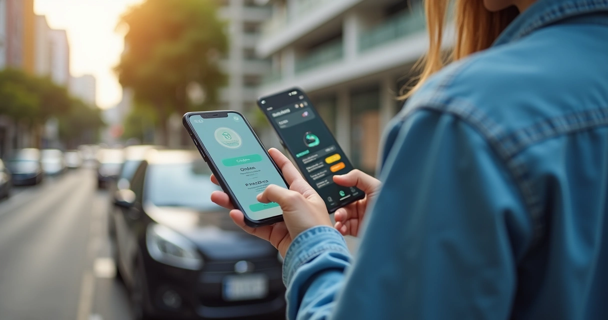 Jovem segurando carteira de motorista ao lado de carro e celular com aplicativo da CNH aberto 