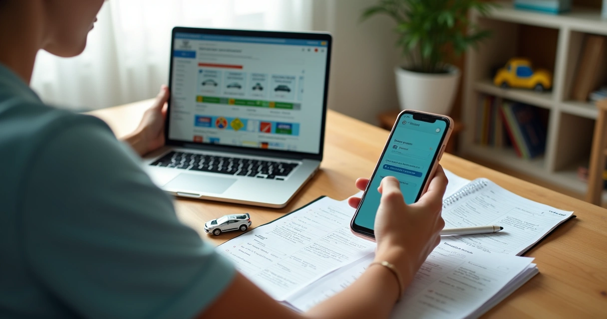 Jovem segurando celular com aplicativo da CNH aberto em frente ao computador com conteúdo de trânsito 
