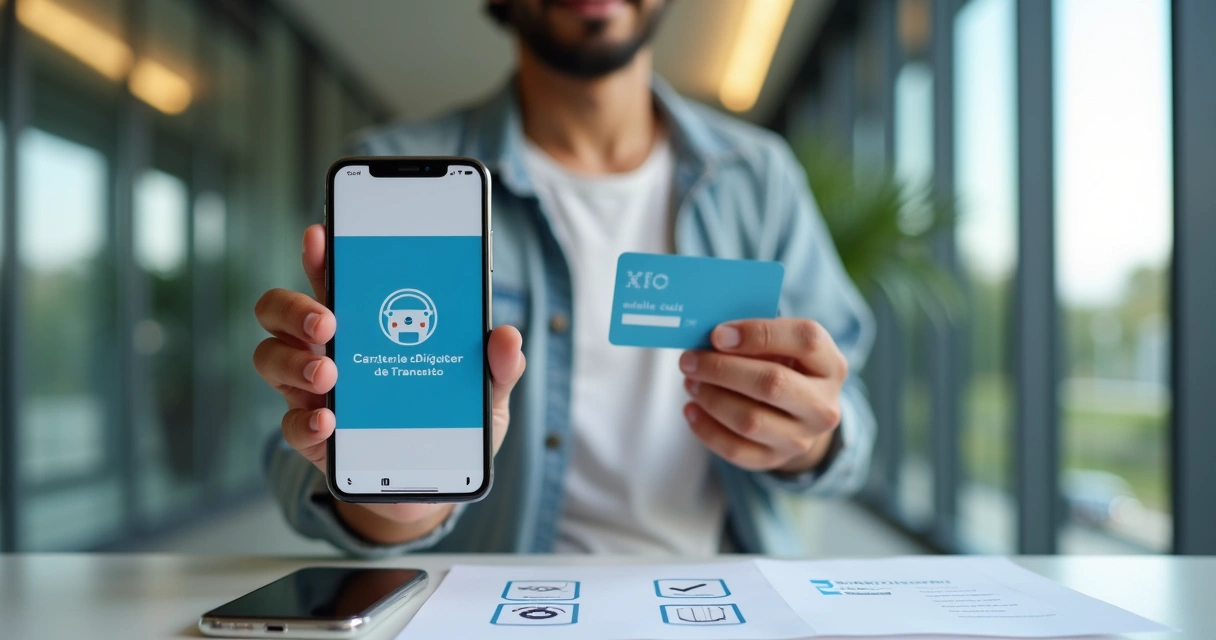 Jovem brasileiro exibindo nova CNH ao lado de smartphone com aplicativo Carteira Digital de Trânsito 