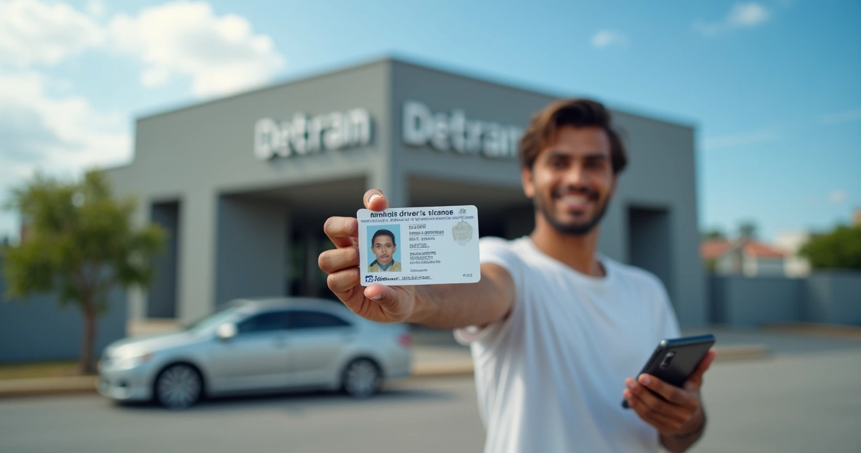 Jovem brasileiro feliz exibindo carteira de motorista em frente a carro e prédio do Detran 
