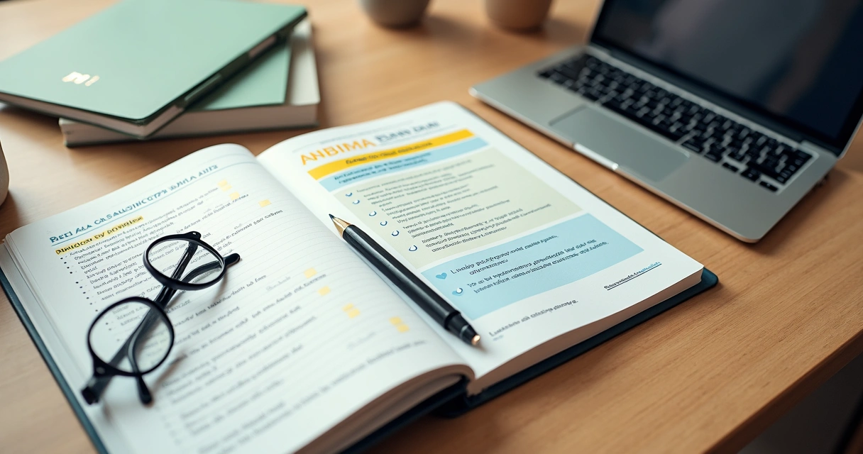 Caderno aberto com simulado da nova CPA ANBIMA ao lado de tablet com curso preparatório 