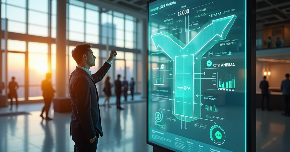 Profissional comemorando aprovação em certificação financeira diante de painel digital 