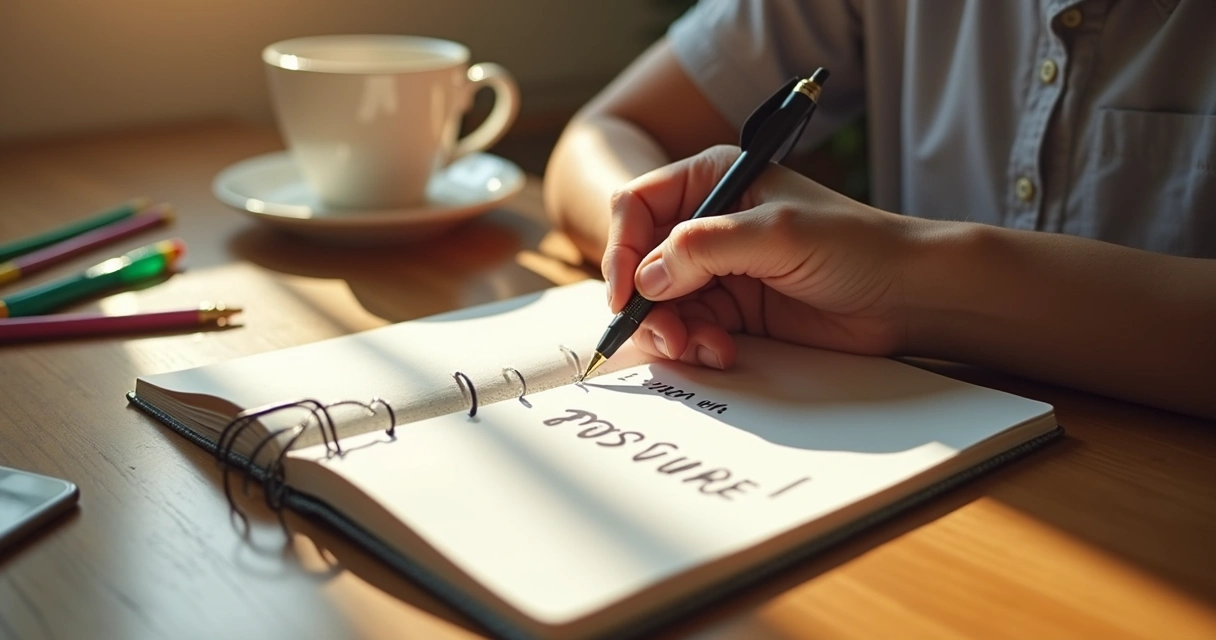 Pessoa com caderno escrevendo afirmação pessoal 