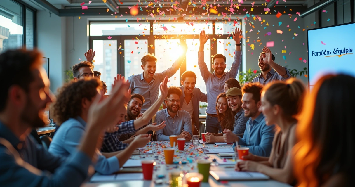 Colaboradores celebrando juntos no escritório 