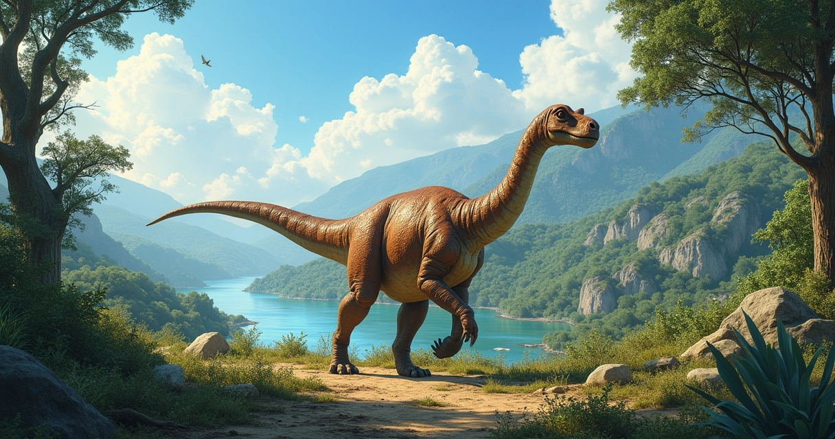 Dinossauro herbívoro enorme em um ambiente jurássico verdejante em Portugal, cercado por vegetação rica e céu azul.