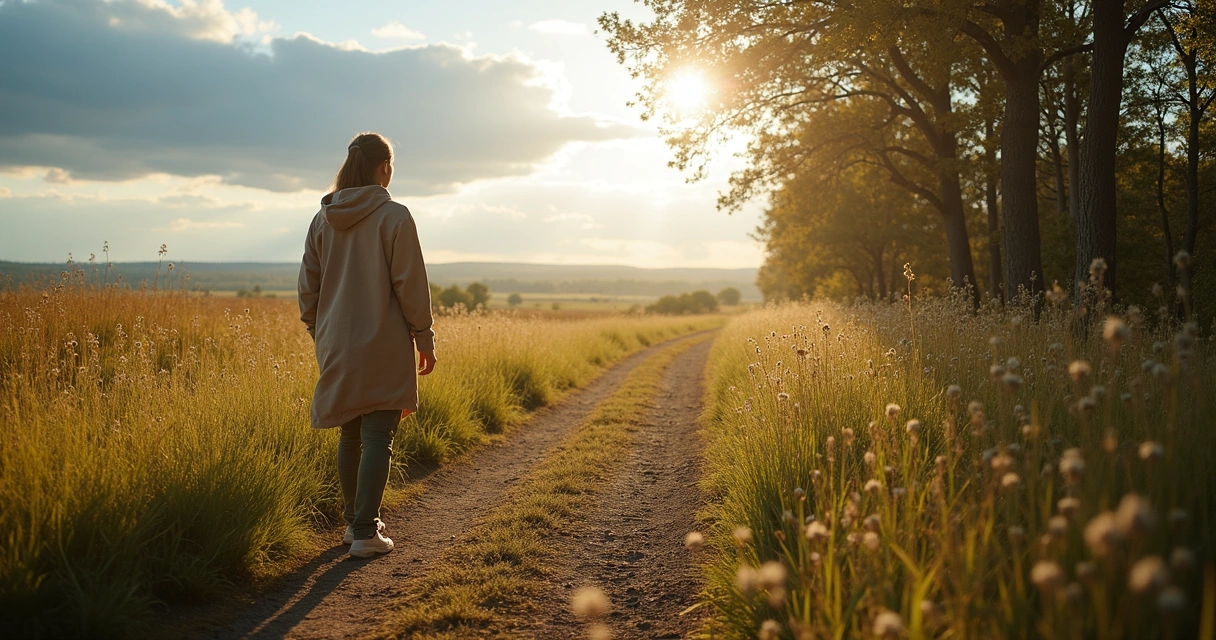 Pessoa caminhando em trilha, natureza aberta, expressão de descoberta 