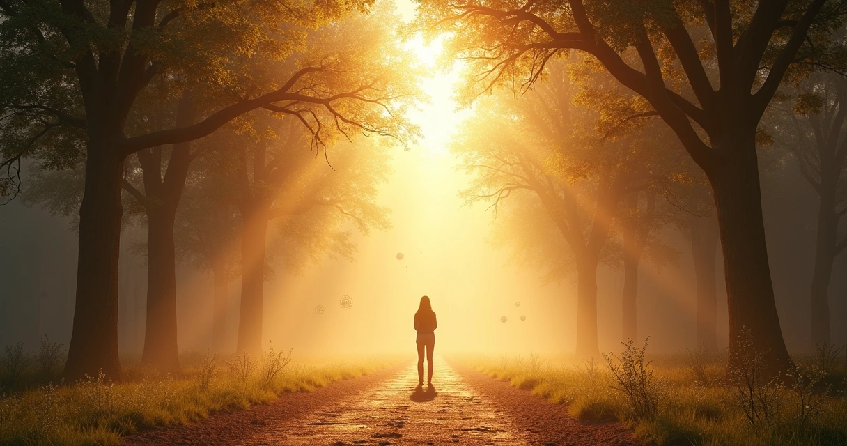 Caminho iluminado cercado por símbolos de equilíbrio, representando uma nova fase 