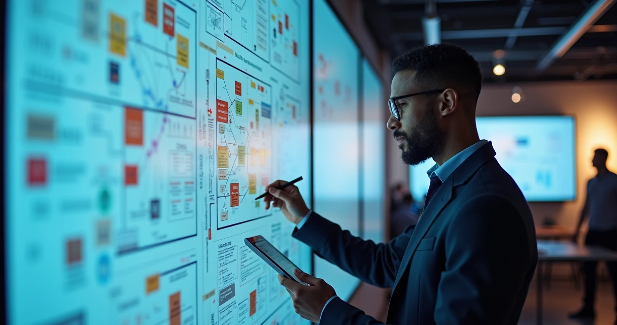Profissional checando painel estratégico de informações de marketing 