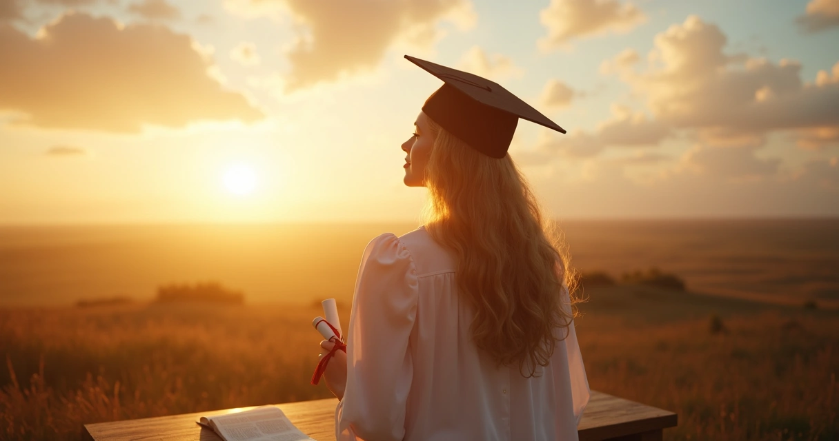 Jovem segurando diploma diante de horizonte claro, Bíblia aberta ao lado 