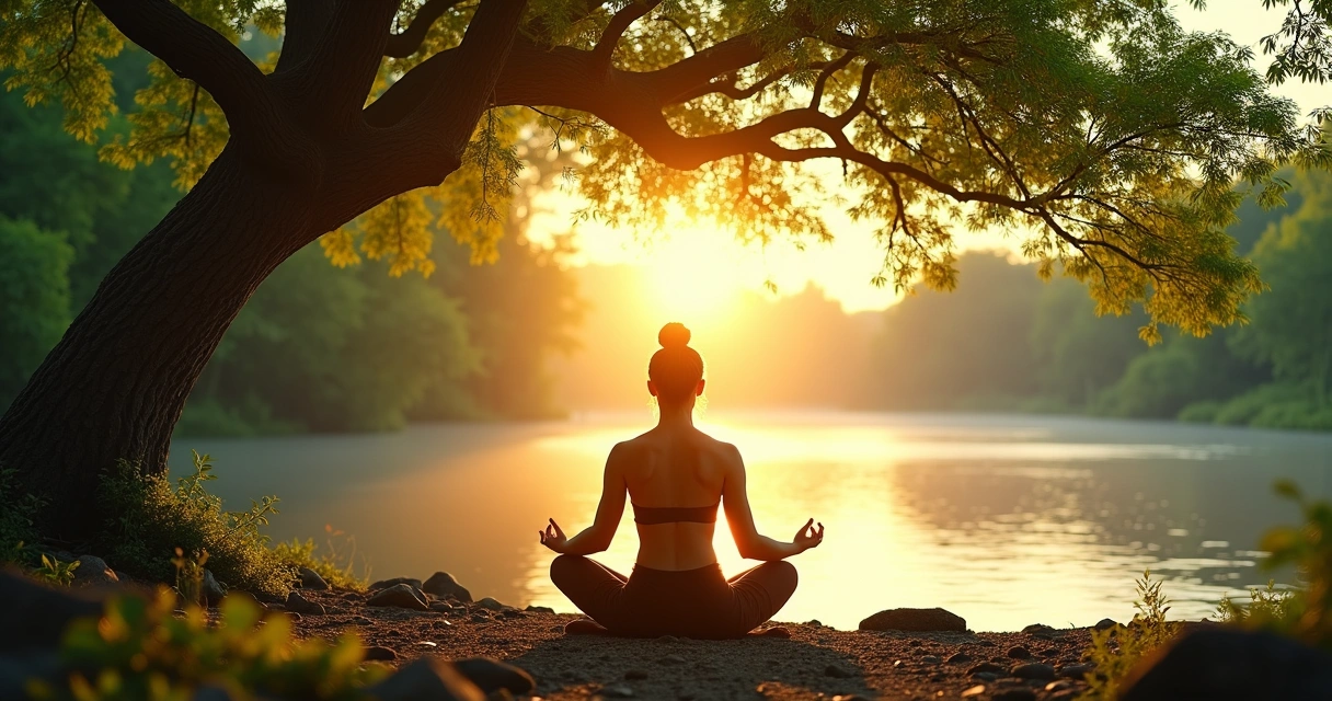 Pessoa meditando em ambiente natural com aura de luz ao redor 