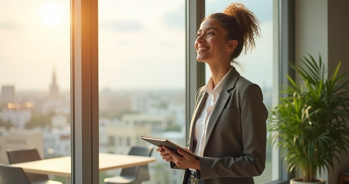 Pessoa sorridente olhando para horizonte ao lado de janela, ambiente iluminado 
