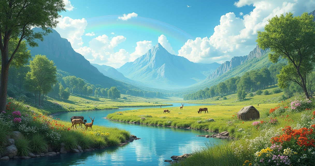 Paisagem de uma nova Terra vibrante com florestas, rios limpos e animais coexistindo pacificamente.