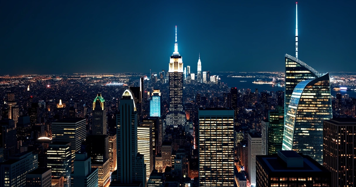 Vista panorâmica de Nova York à noite com arranha-céus iluminados, incluindo o Empire State e a Estátua da Liberdade ao fundo 