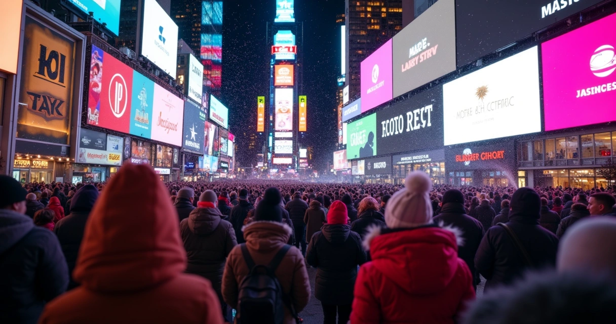 Times Square lotada no Réveillon, luzes piscando, pessoas agasalhadas em festa 