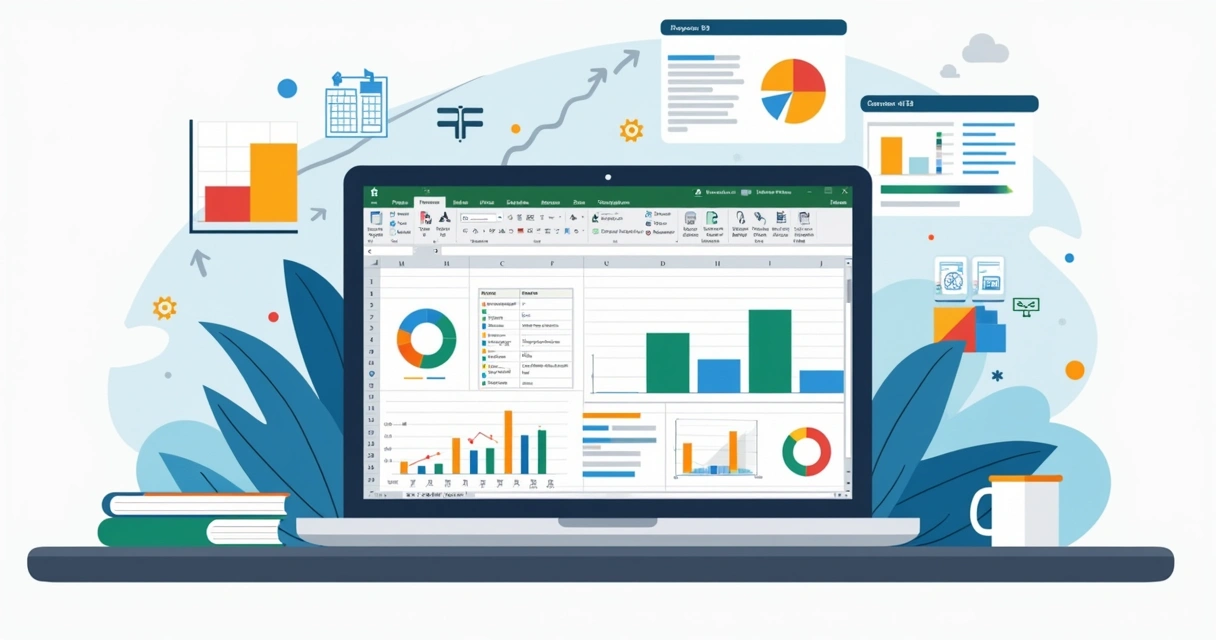 Ilustração corporativa de planilha do Excel com novas fórmulas e gráficos dinâmicos em tela de notebook 