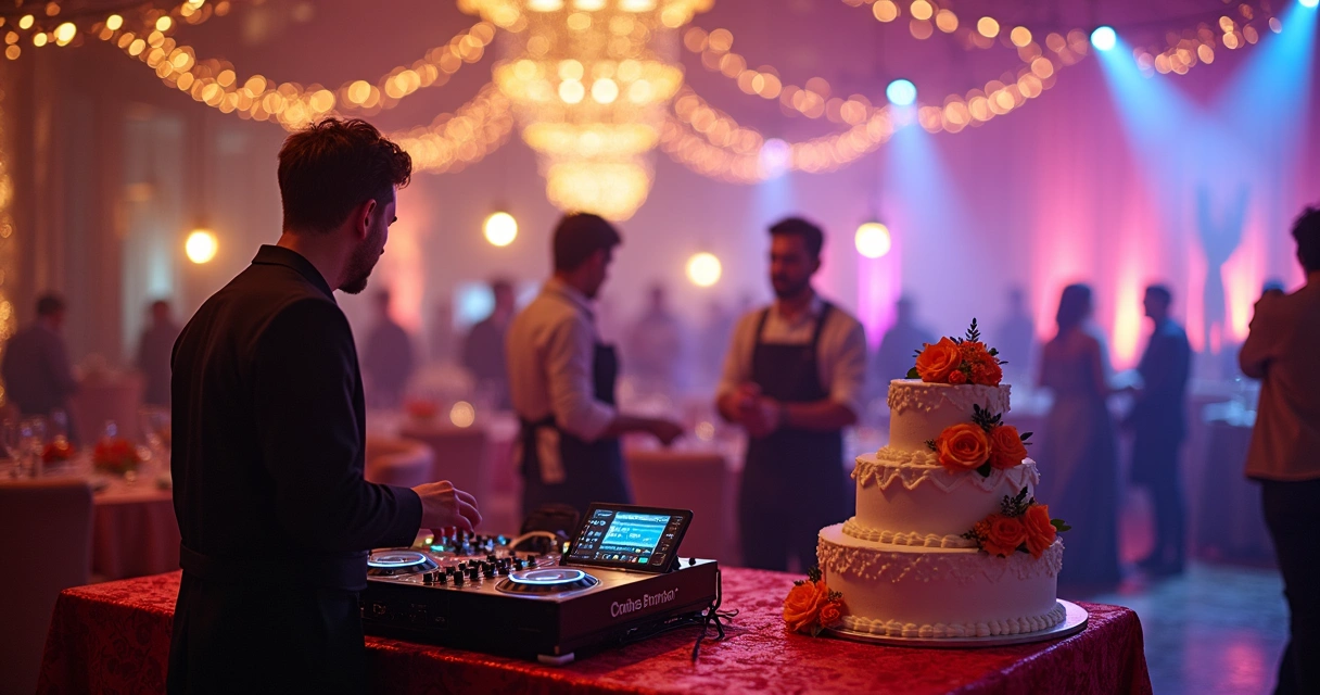 Profissionais de eventos, como DJ, fotógrafo e maître, em ação 