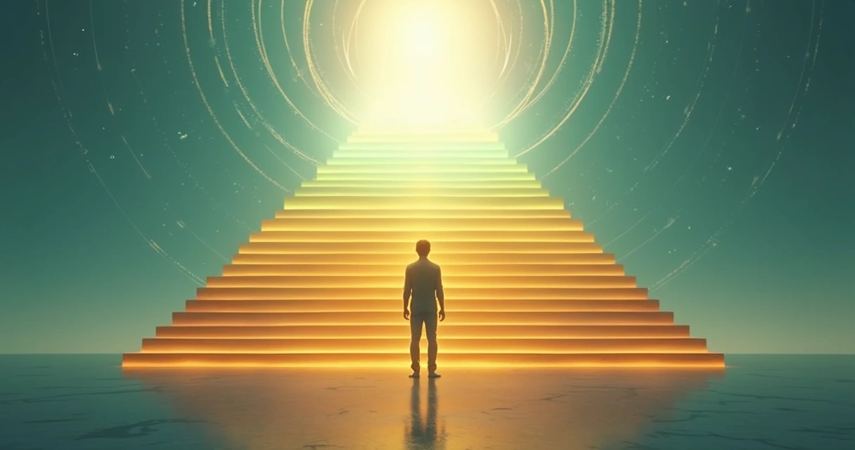 Silhueta humana em nove degraus luminosos representando evolução da consciência 