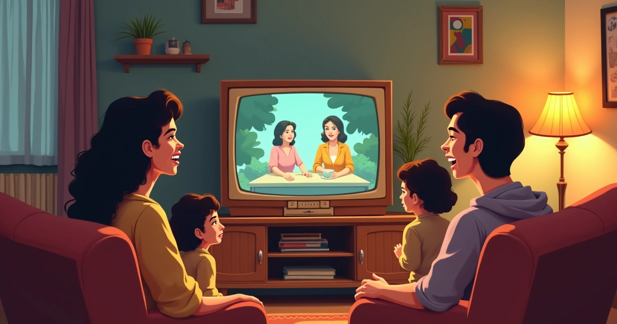 Cena clássica de telenovela antiga sendo assistida por família na sala 