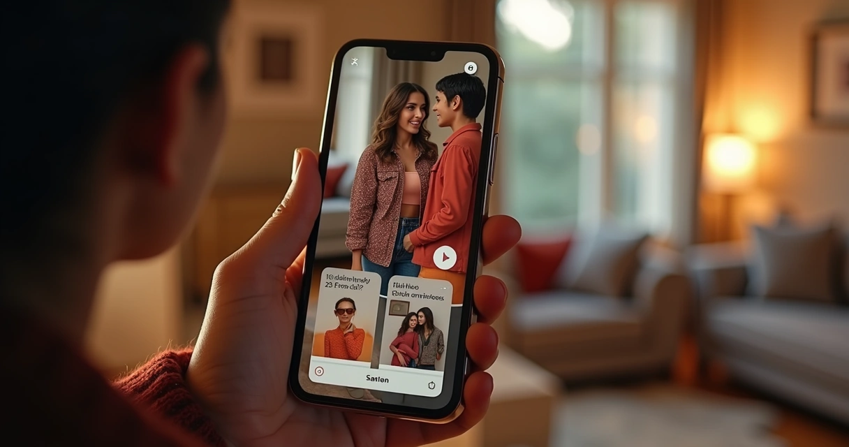 Cena de novela vertical com links de produtos na tela do app 