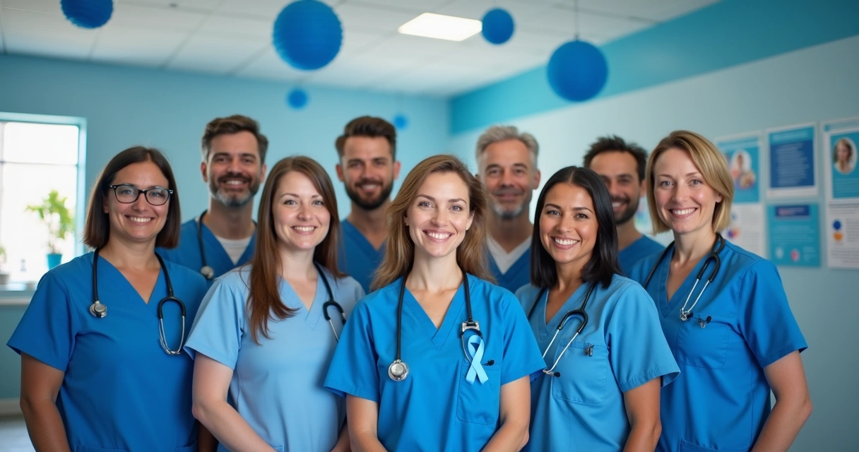 Campanha de Novembro Azul com profissionais de saúde e faixas azuis 