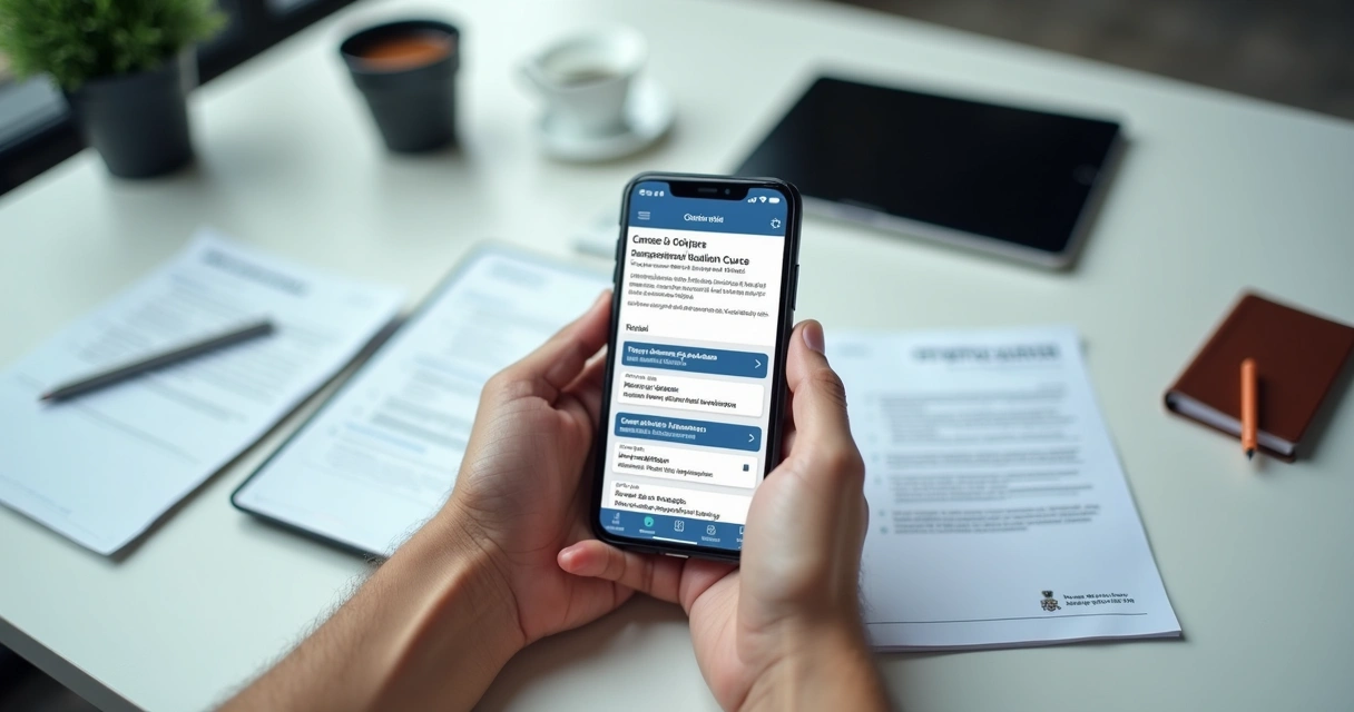 Tela de celular com aplicativo de CNH instalado mostrando instruções passo a passo. 