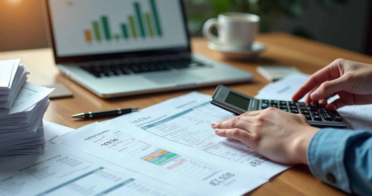 Uma mesa com computador, notas fiscais, planilhas e um café, mostrando o processo de apuração de impostos.