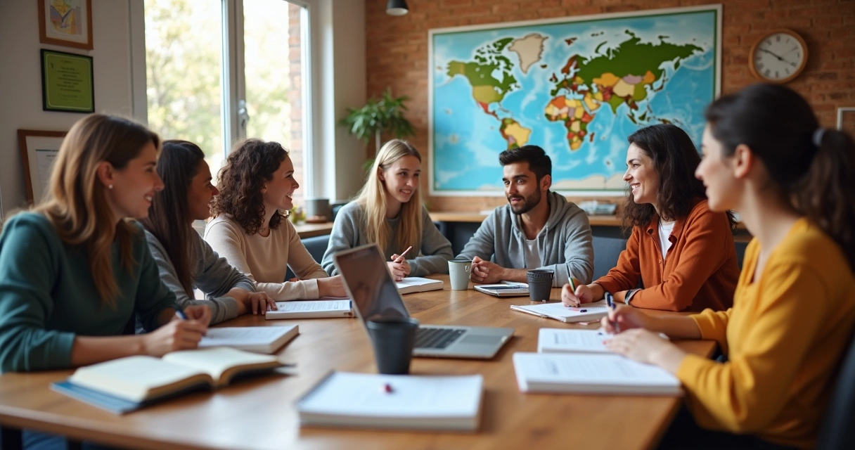 Jovens em volta de uma mesa estudando juntos com livros de inglês, tablets e cadernos