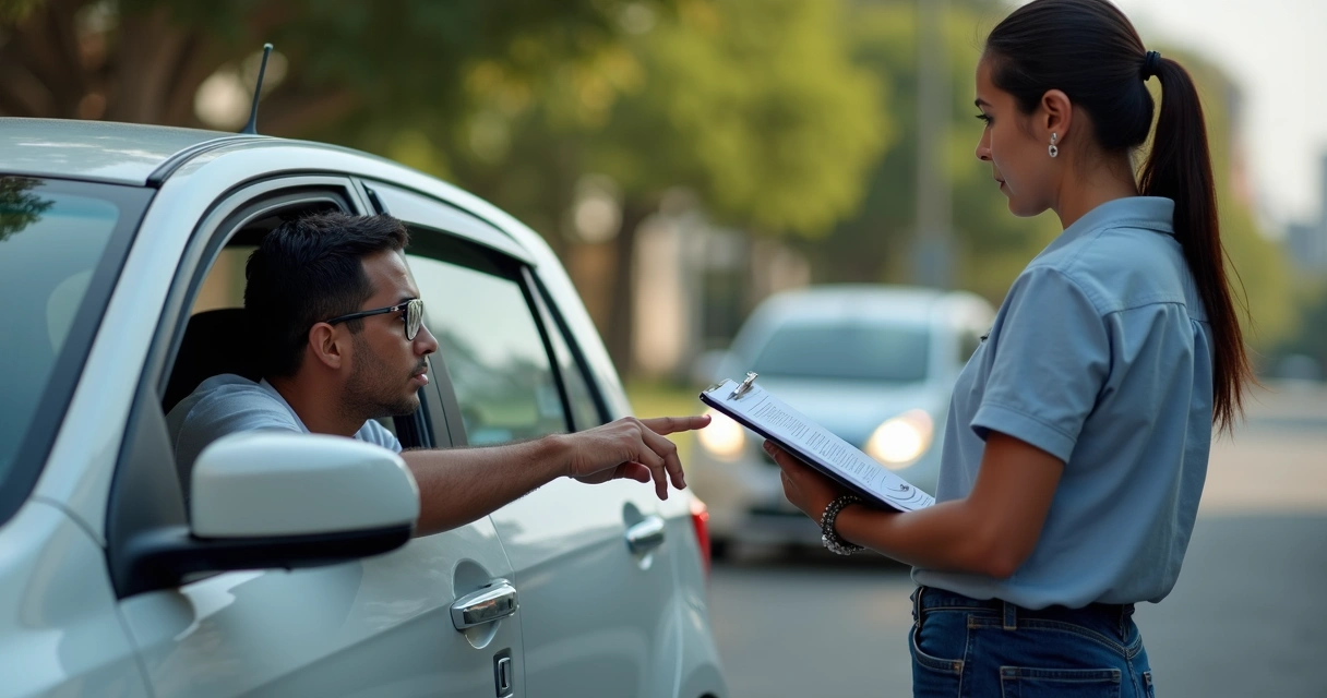 Aluno realizando exame de direção em veículo próprio, sob supervisão de instrutor oficial, rua tranquila, com detalhes de documentação afixada no vidro. 