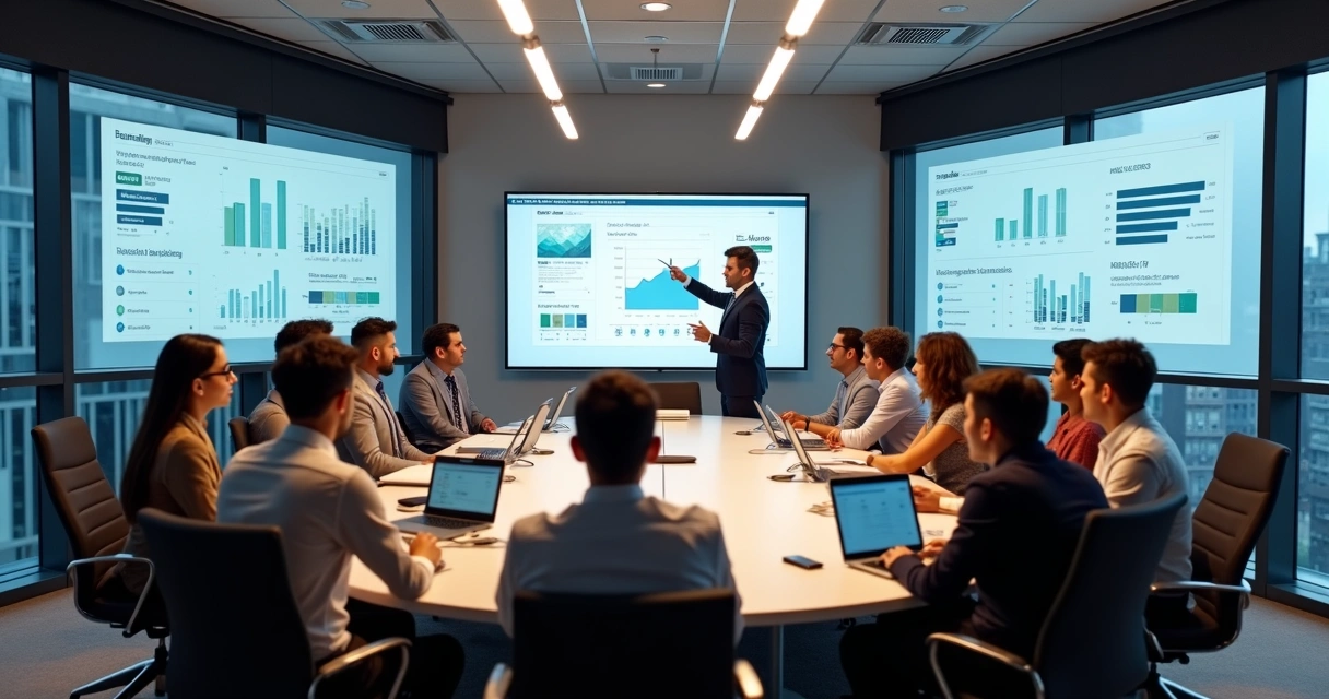 Reunião entre novos funcionários de diferentes países em uma sala moderna, todos prestando atenção numa apresentação digital sobre integração 