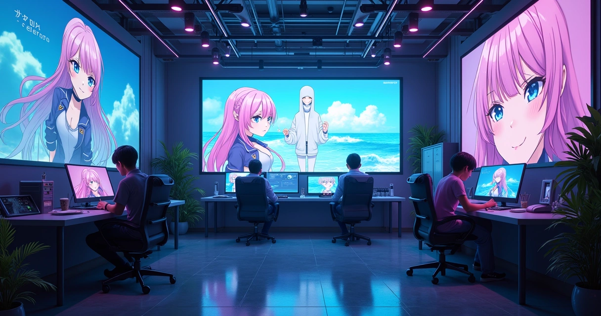 Painel futurista de produção de anime digital 