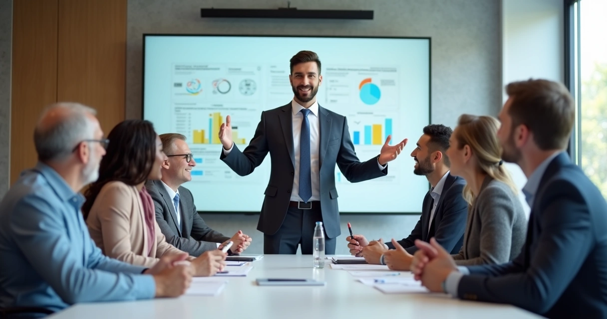 Nova líder apresentando equipe em sala de reunião 
