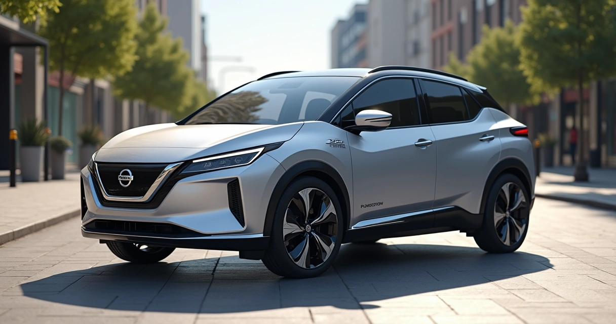 Novo Nissan Leaf 2026 estacionado ao ar livre, design SUV com mistura de perua e cupê, cor prata metalizada 